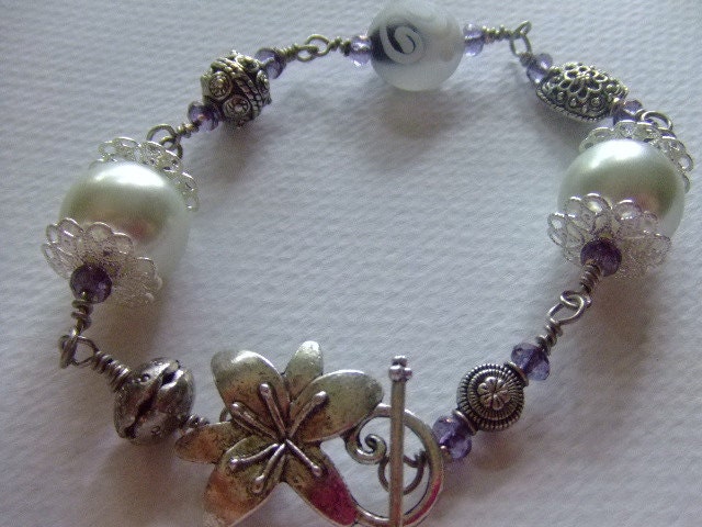 Pearl and Silver Lace Shabby Chic Wirewrapped Bracelet