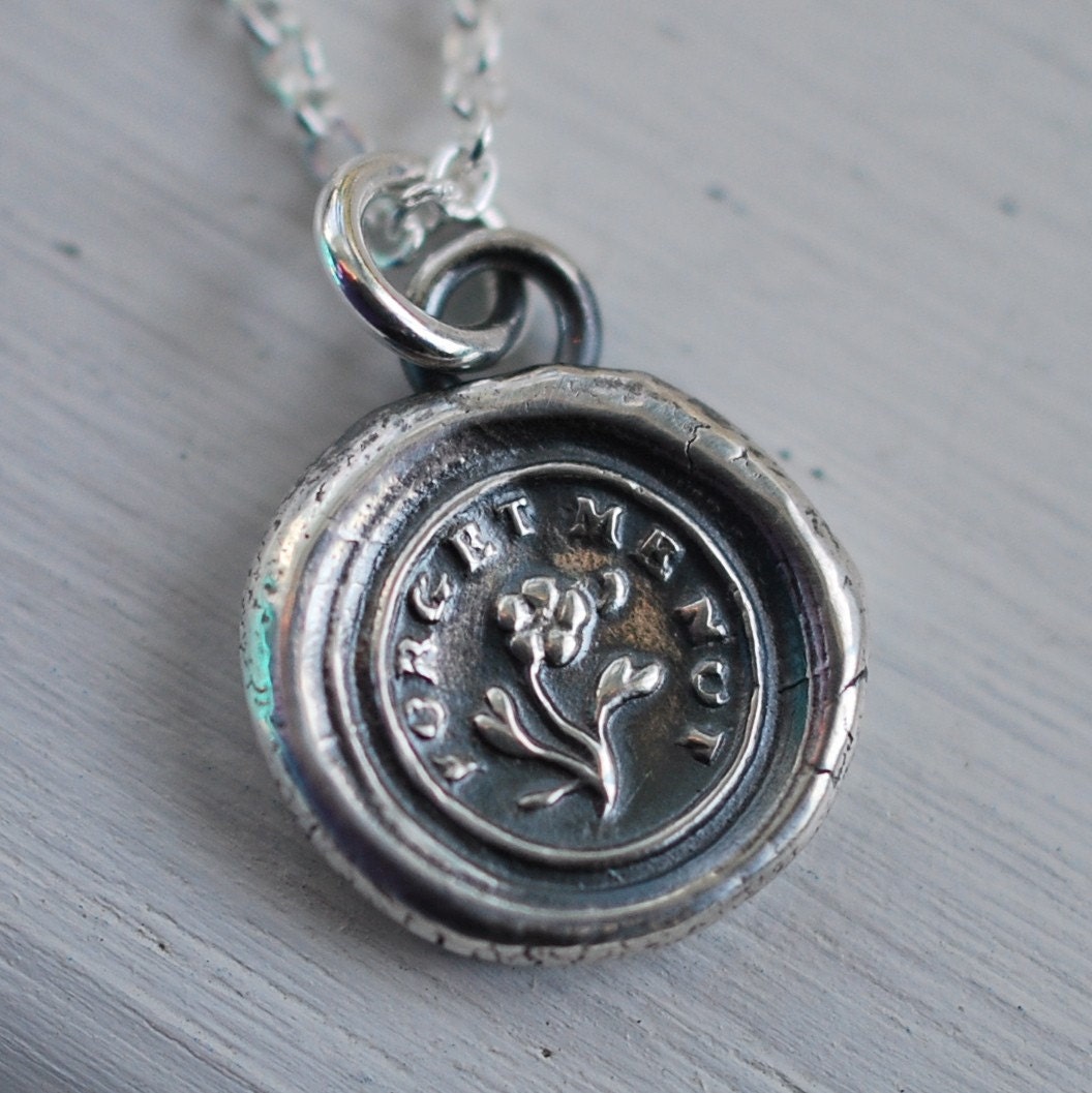 flower wax seal necklace charm... forget me not... wax seal jewelry in fine silver