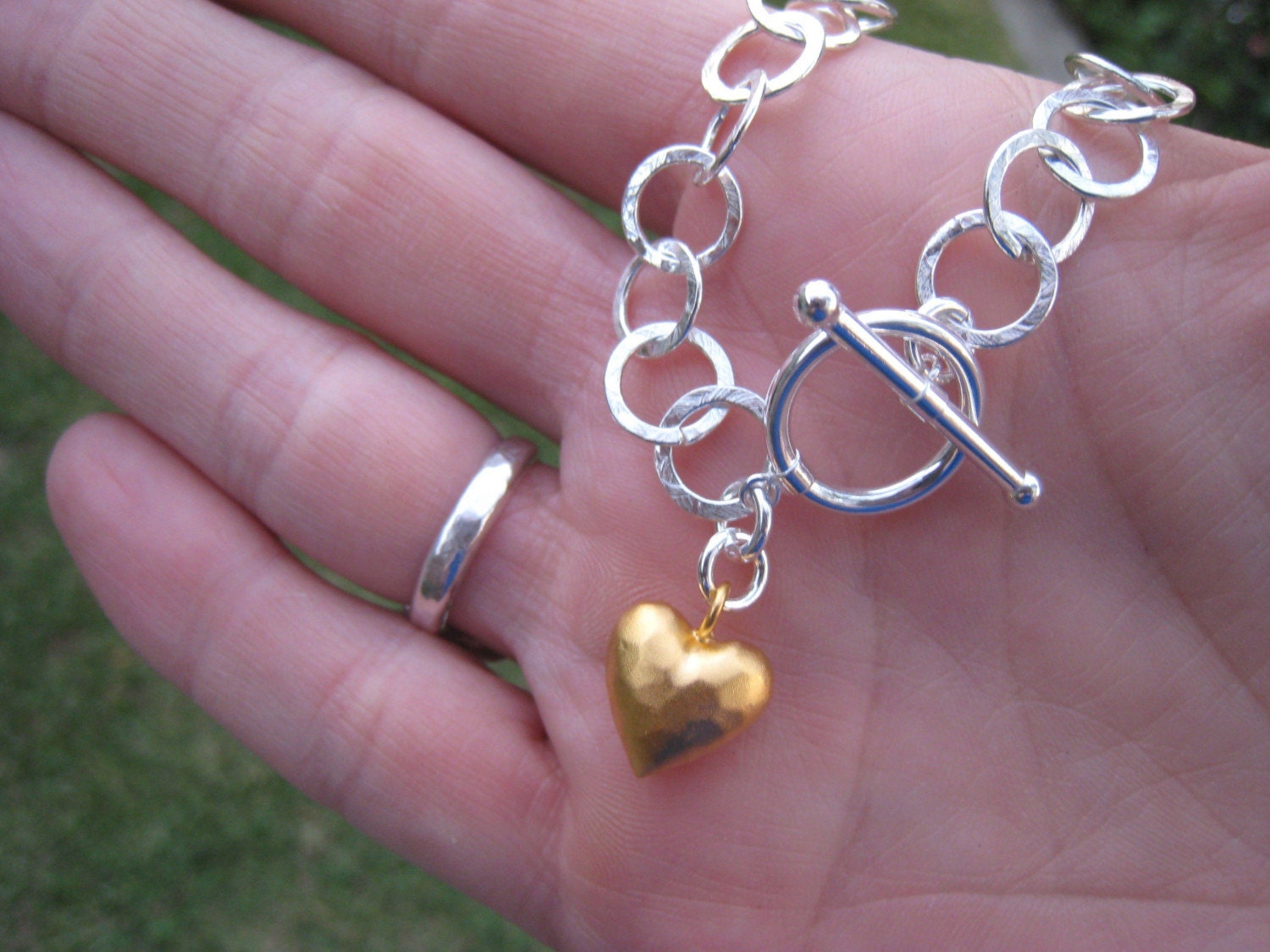 Sterling Silver Brushed Circle Links Bracelets with Hammered Gold Vermeil Heart Charm
