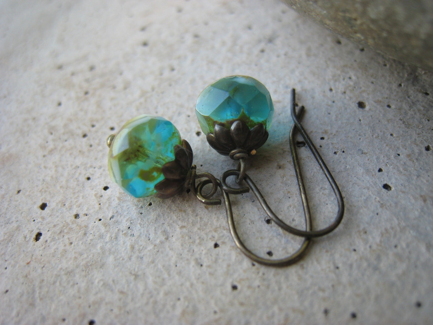 Czech Glass Earrings - Green,Turquoise and Aqua, Fall Fashion
