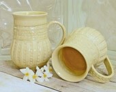 Two Coffee Cups Yellow Stoneware Pottery French Country Striped Stamped Design One-of-a-Kind Shabby Chic Style