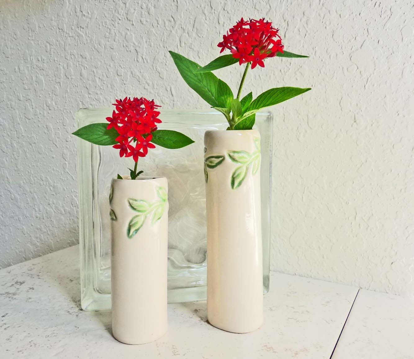 Ceramic Bud Vase Pair Flower Holders Garden Leaf Impressions Spring Green and White Garden Whimsy Set of Two