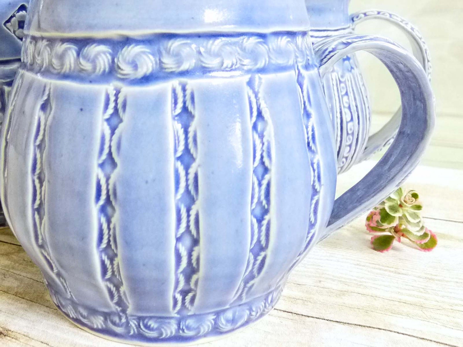 Coffee Cup Mug Stoneware Pottery Blue Big Stripe Design Stamped Quilted Design One-of-a-Kind For Her Large Elegant Cup, Shabby Chic