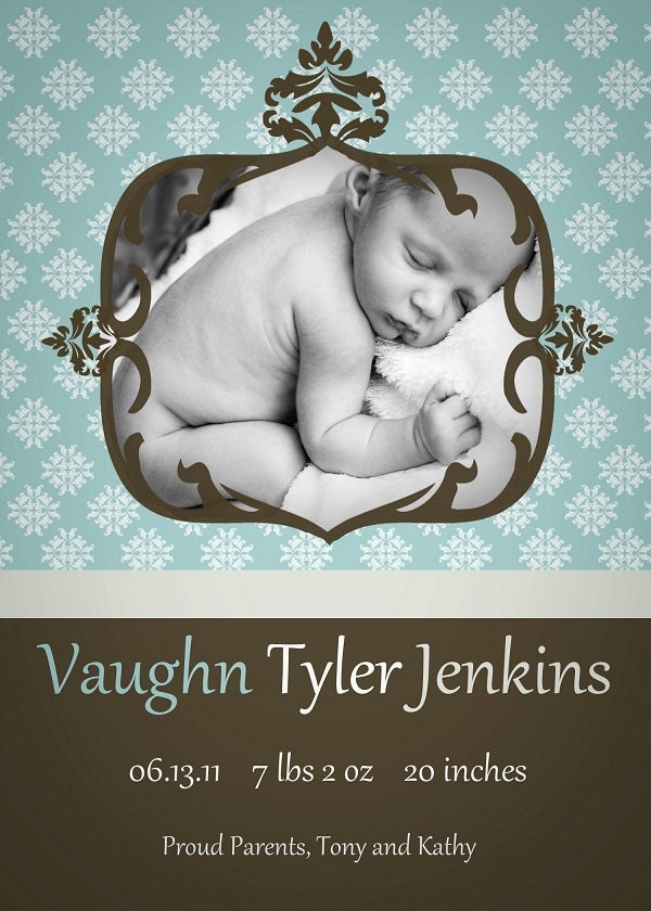 Custom Photo Baby Birth Announcement, Elegant Damask Frame