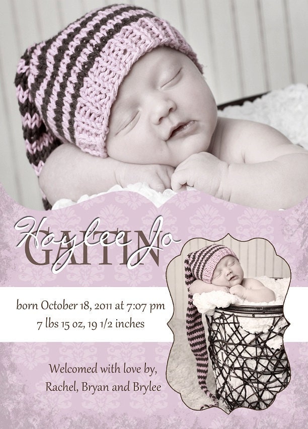 Custom Photo Baby Birth Announcement, Pretty in Pink and Brown