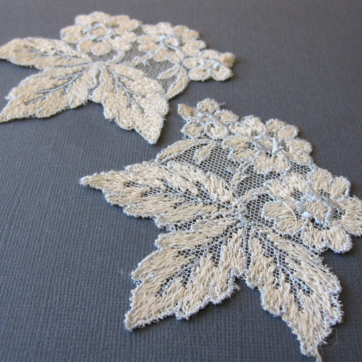 Leaf and Flower Antique Applique Pieces in Blue and Cream