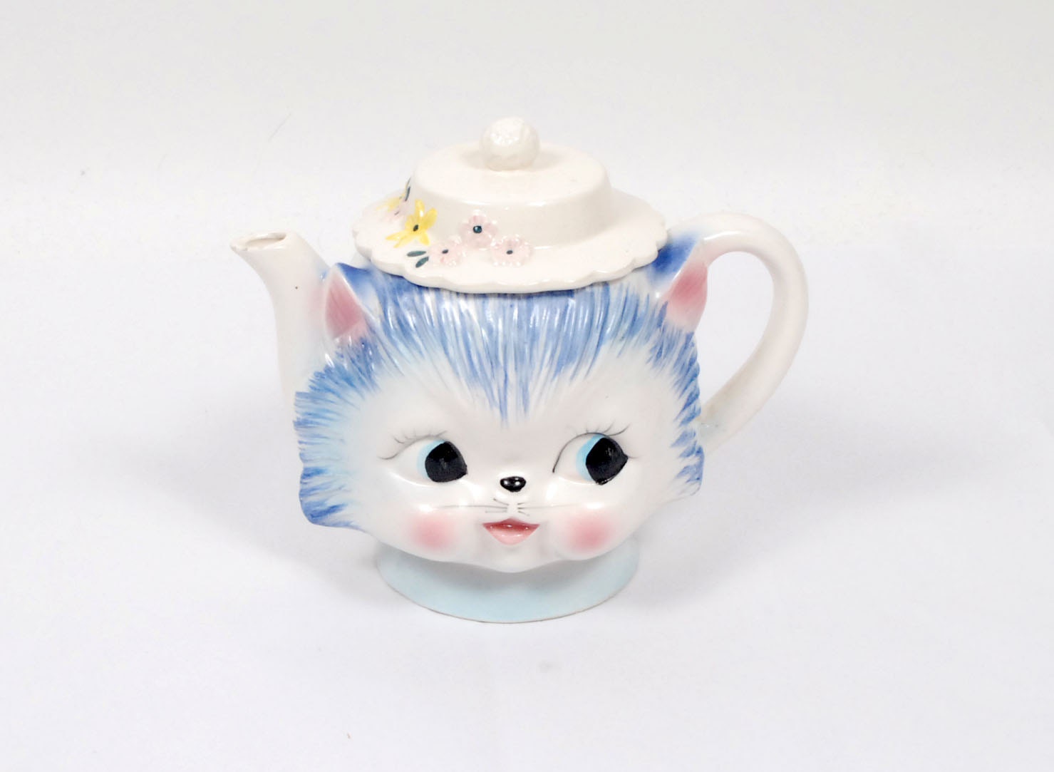Vintage 50s Kitty Cat Teapot Pitcher Miss Priss Fenton Pink Blue