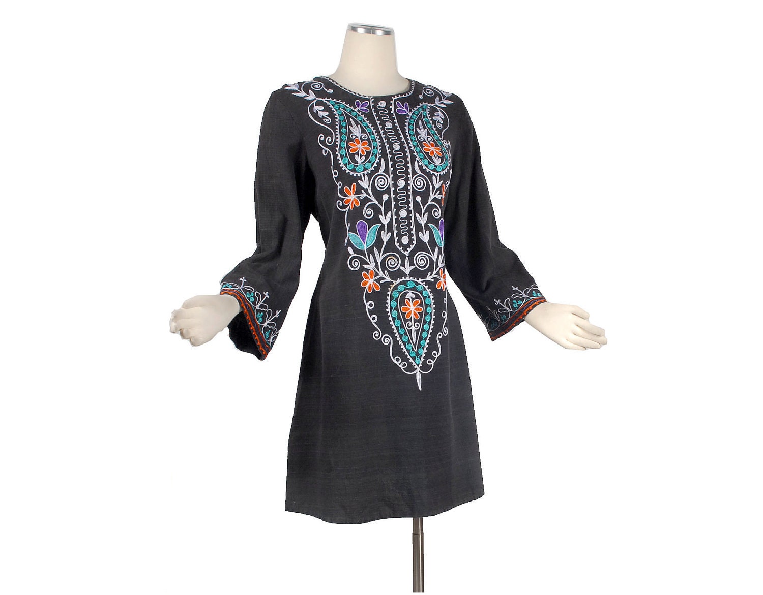 Vintage 60s 70s Hippie Boho Embroidered Black Tunic Mini-Dress Top Ethnic Chic
