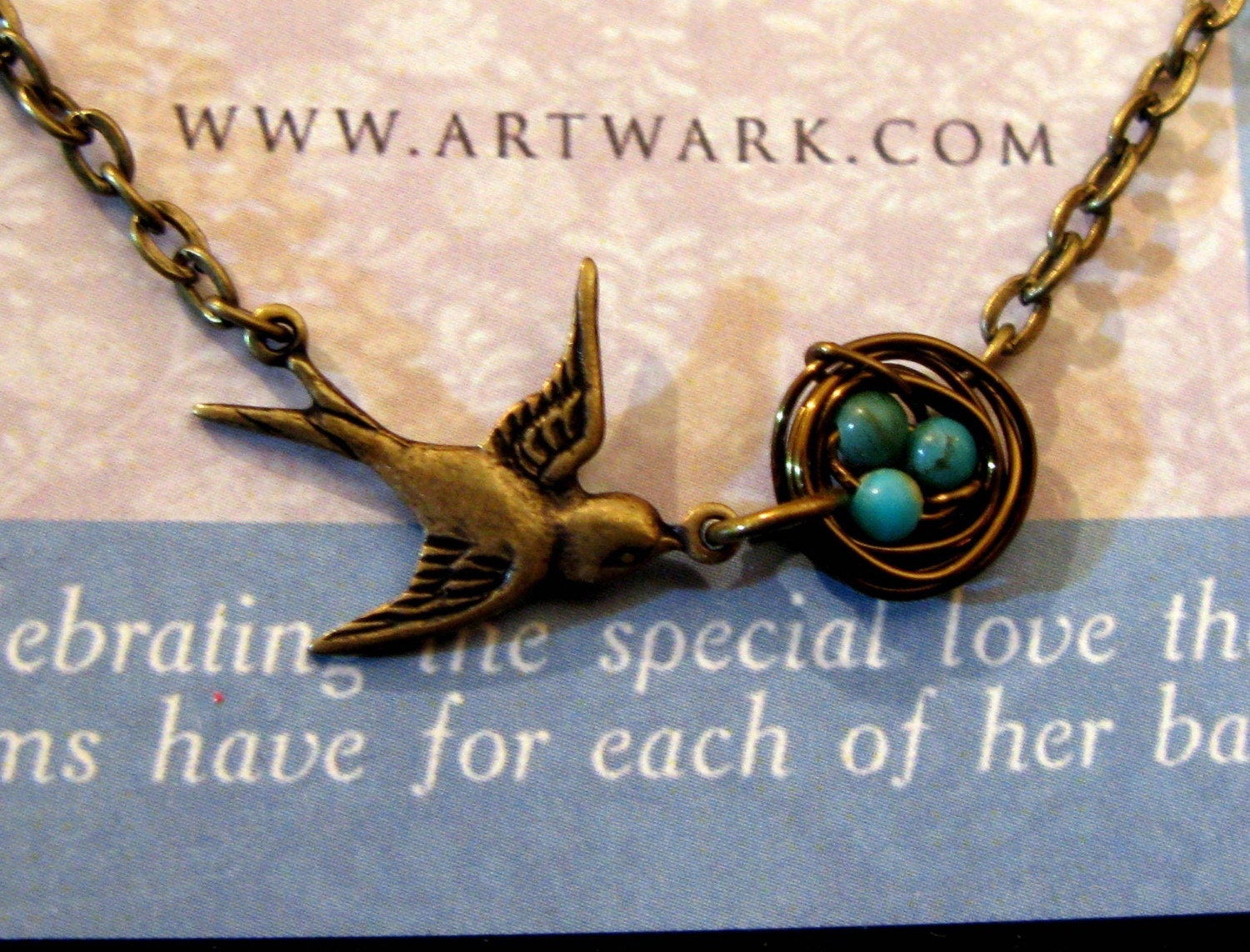 Mother's Love III Antiqued brass sparrow bird and bronze nest turquoise or rice pearl eggs customized necklace
