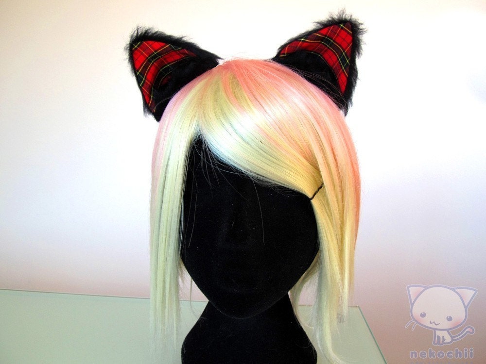 Punk Cosplay cat ears ( Nekomimi ) Ebony and tartan inners or choose your own colours.