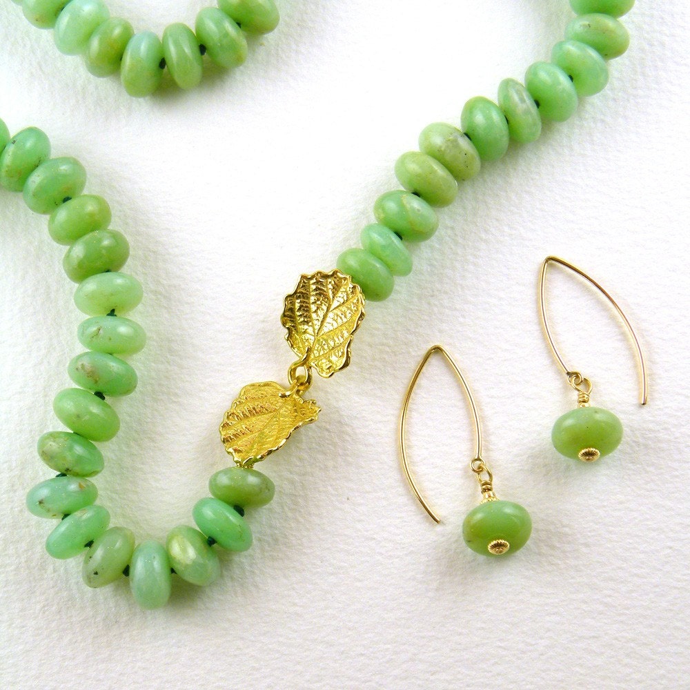 Soft green chrysoprase necklace and earrings set by Maxime B