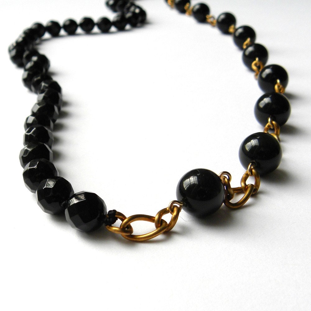 Long half and half black onyx and agate necklace by Maxime B