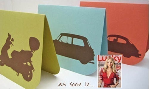 Vehicle Note Card Set With Vespa Scooter, Mini Cooper and VW Bug Beetle