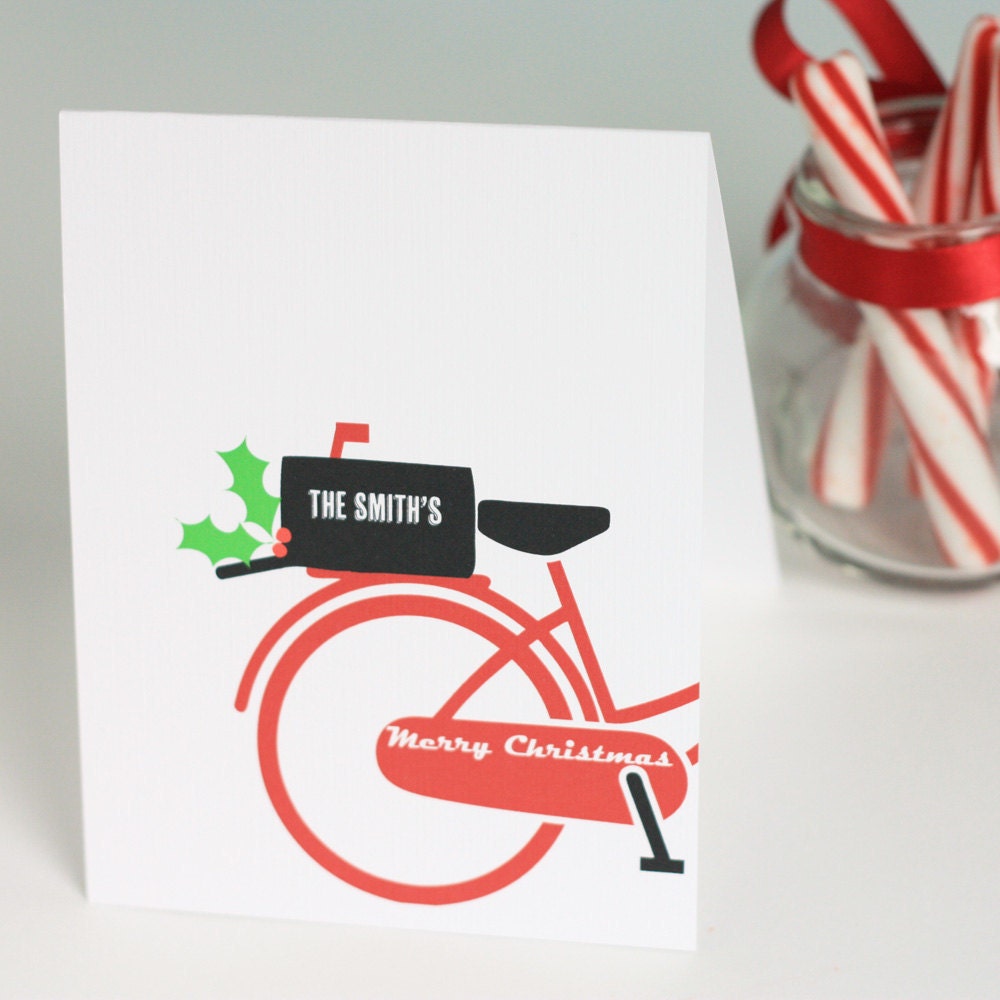 Bicycle Merry Christmas Card Featuring Personalized Mailbox