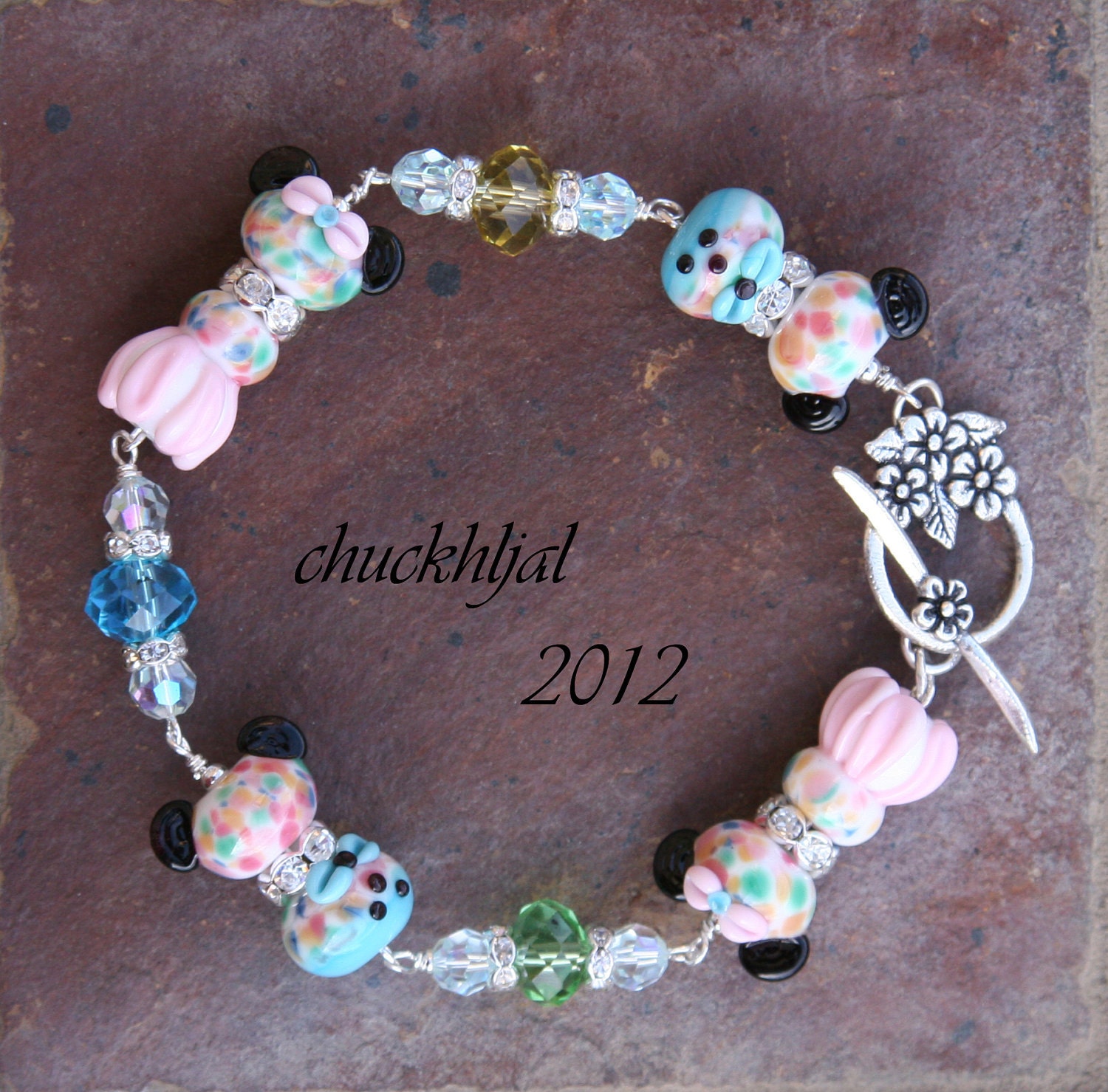 Easter Sunday's Best Dress for our Famous Mice SRA Lampwork Disney Inspired Mickey Minnie Style DeSIGNeR Bracelet