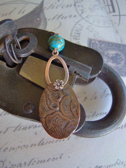 Turquoise Copper and Leather Ceramic Pendant