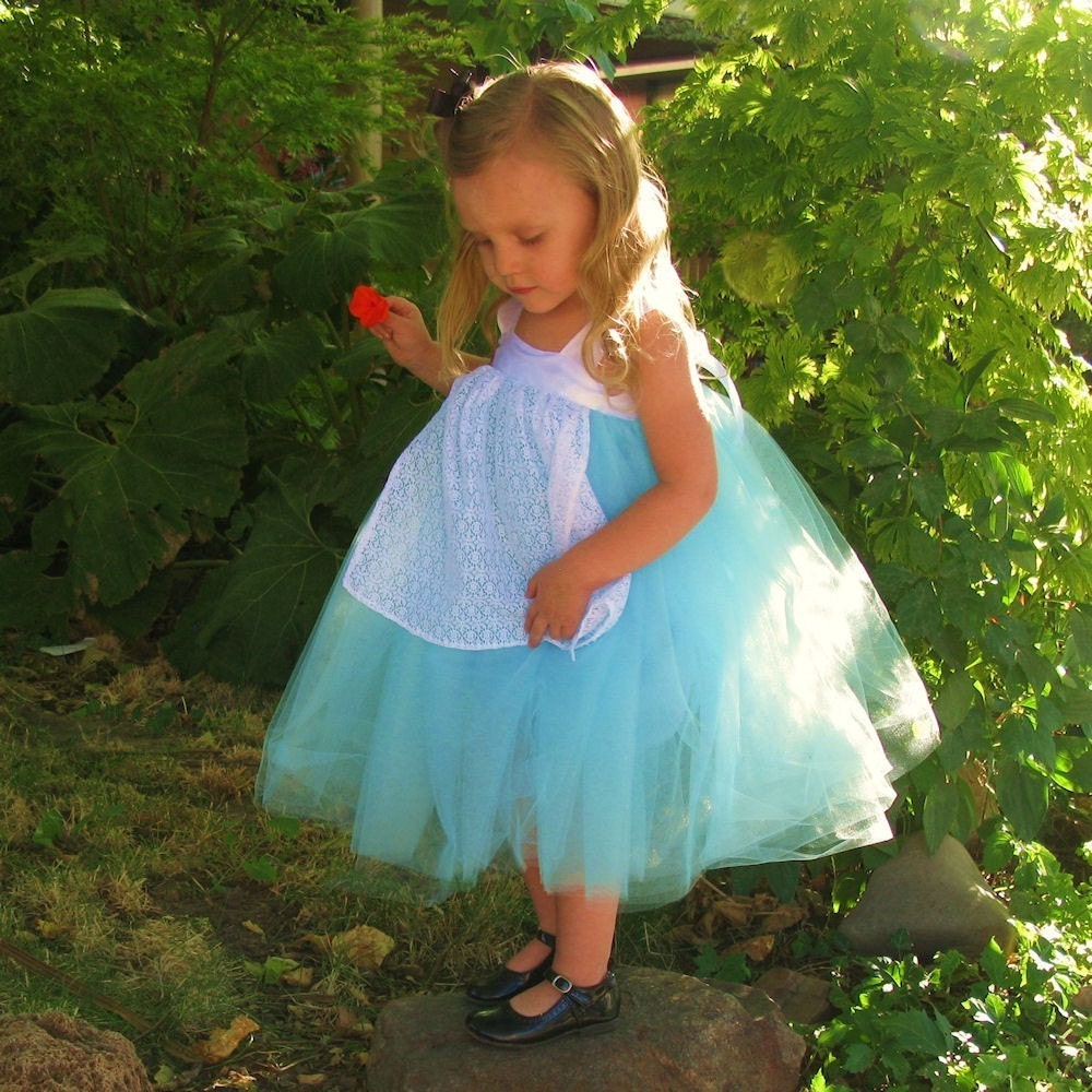 Alice in Wonderland Tutu Dress with White Lace Apron and Satin Ribbon Sash for Girls Birthday Party or Halloween Costume