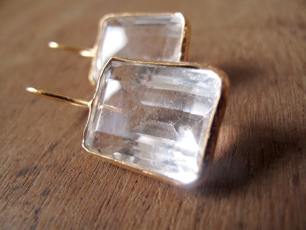 GOLDEN // Bronze earrings gold plated with square faceted quartz