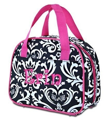 Personalized Lunch Bag Black Damask Hot Pink Trim by parsik93