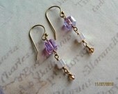 Lavender Crystal Cube and Gold Earrings, Handmade, Sale