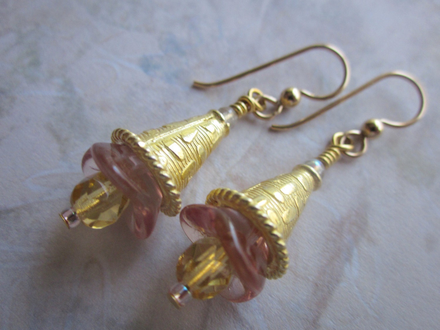 Earrings, Ornate Gold Cap & Pink Tulip Flower, Handmade