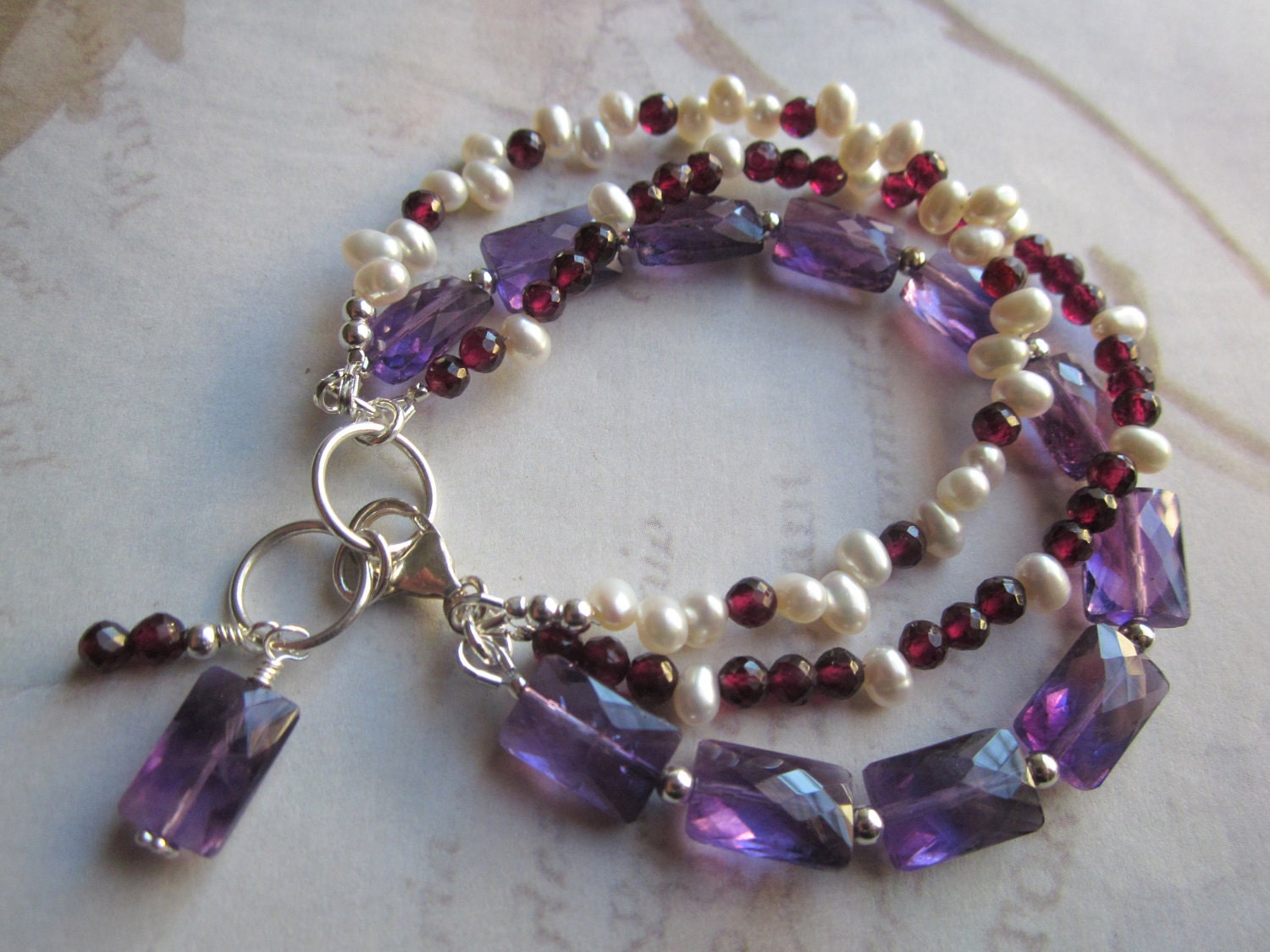 Multi Strand Gemstone Bracelet, Amethyst, Pearl, Garnet