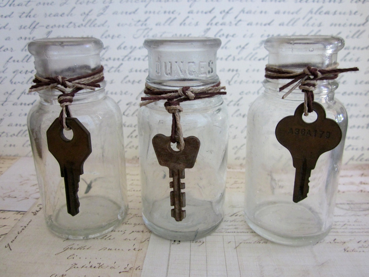 Three Old Vintage Apothecary Bottles with Skeleton Keys