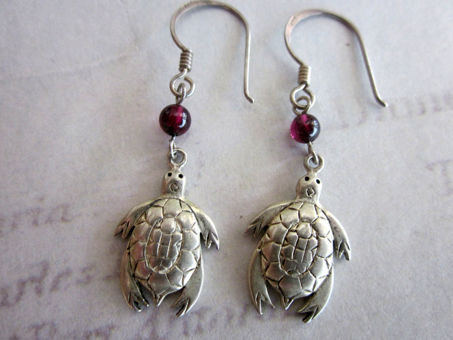 Sterling Turtle & Garnet Earrings, Handmade