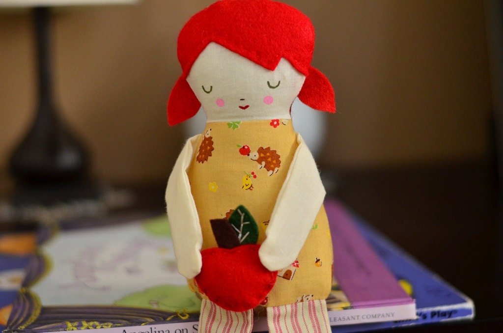 Chloe Red Hair Rag Doll Paperweight and Decor holding an Apple