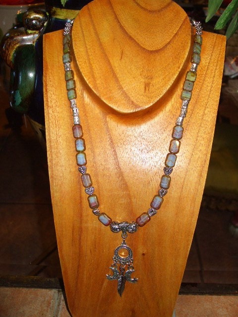 Mystical Picasso Glass Necklace with Silvertone Dangles and Spacers