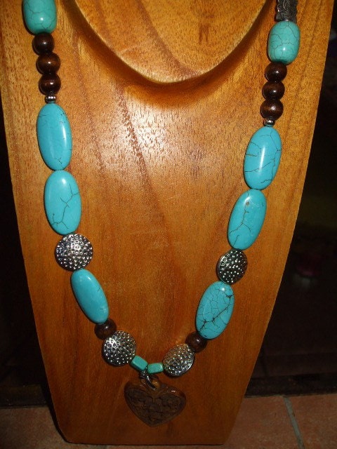 Turquoise, Brown and Silver Necklace With Carved Heart Focal Bead