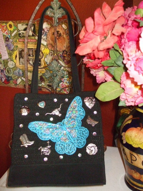 OOAK Embellished Cowgirl Purse With Blue Sequin Butterfly Applique and Western Charms