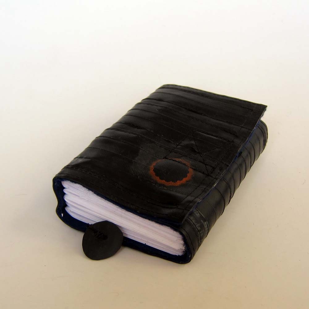 Recycled journal, bike inner tube, blank pages, blue linen and black velcro closure, small.