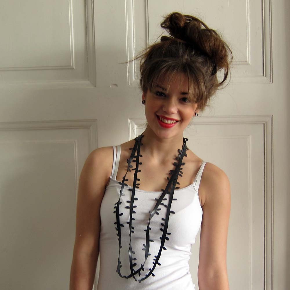 Recycled inner tube necklace, black leaves hand cut out of bicycle inner tube