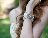 Dramatic Bridal Cuff Bracelet with Swarovski Pearls and Sparkling Art Deco Inspired Clasp Ivory or White