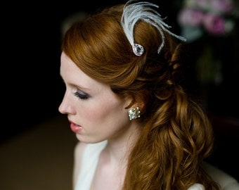 Bridal Hair Pin Rhinestone Tear Drop with Feather Spray in White or Ivory Vintage-Inspired