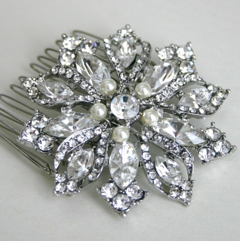 Rhinestone Flower Glamorous Bridal Comb with Swarovski Pearls in White or Ivory