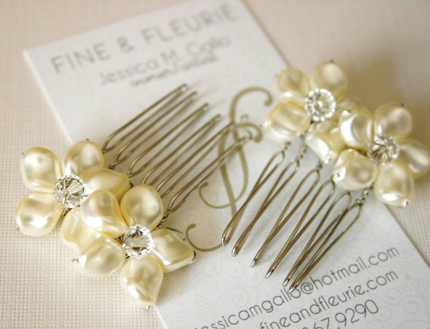 Swarovski Pearl and Crystal Flower Mini Combs Set of 2 in White or Ivory