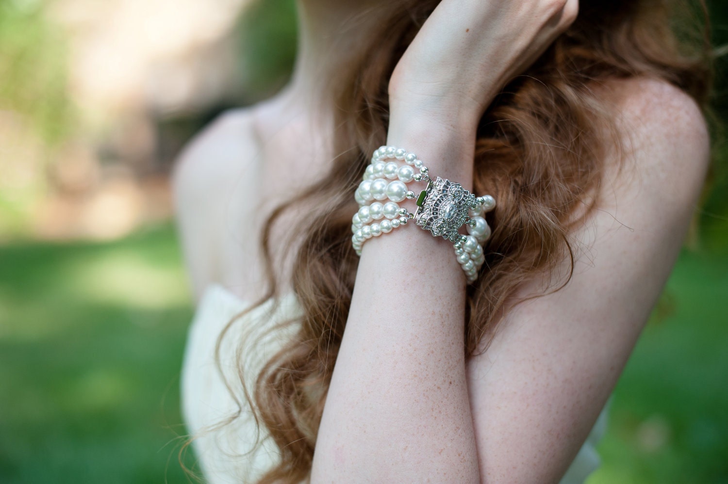 Dramatic Bridal Cuff Bracelet with Swarovski Pearls and Sparkling Art Deco Inspired Clasp Ivory or White