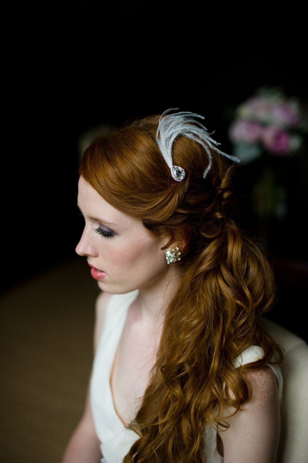 Bridal Hair Pin Rhinestone Tear Drop with Feather Spray in White or Ivory Vintage-Inspired