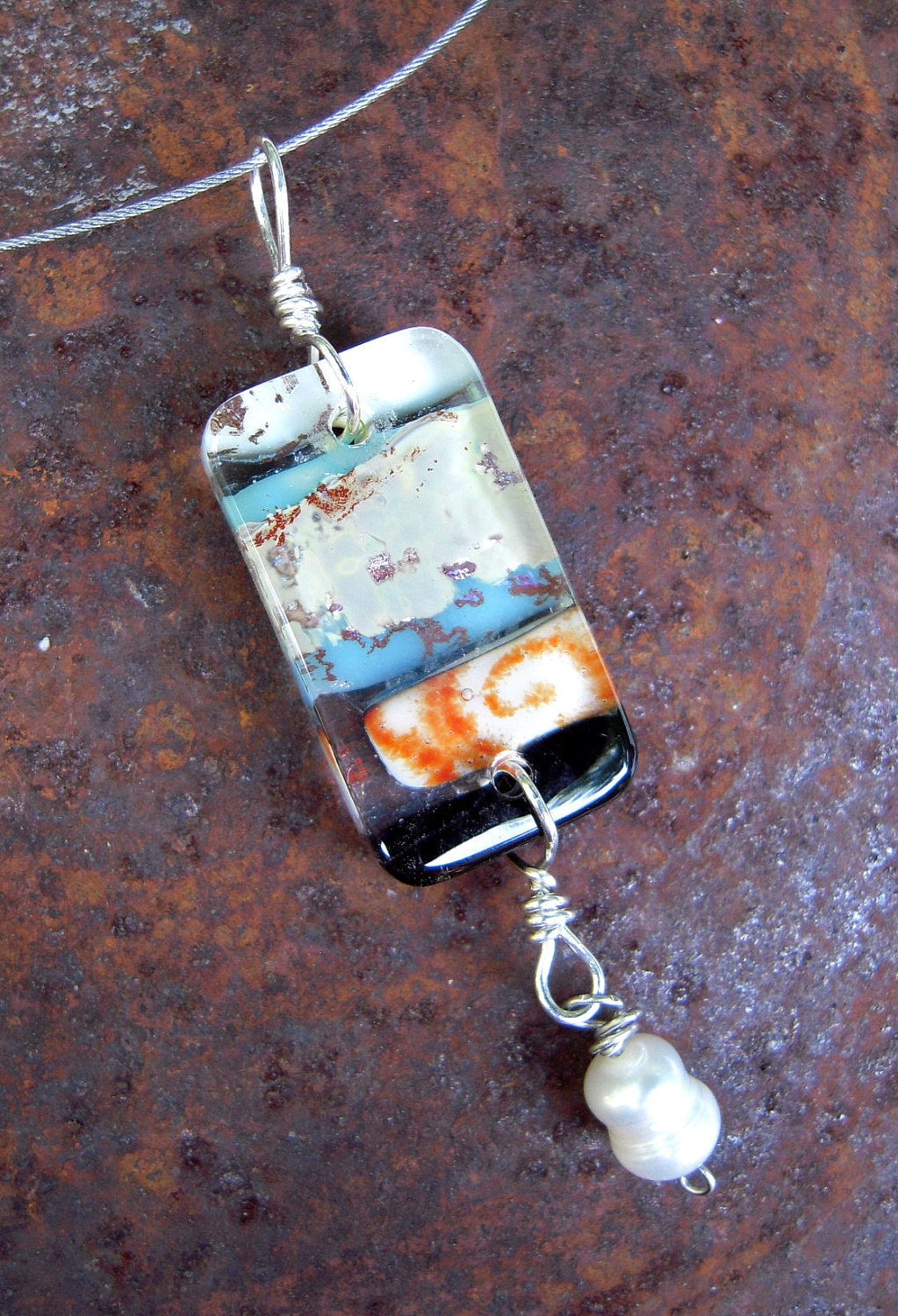 Turquoise & Orange Fused Glass Pendant