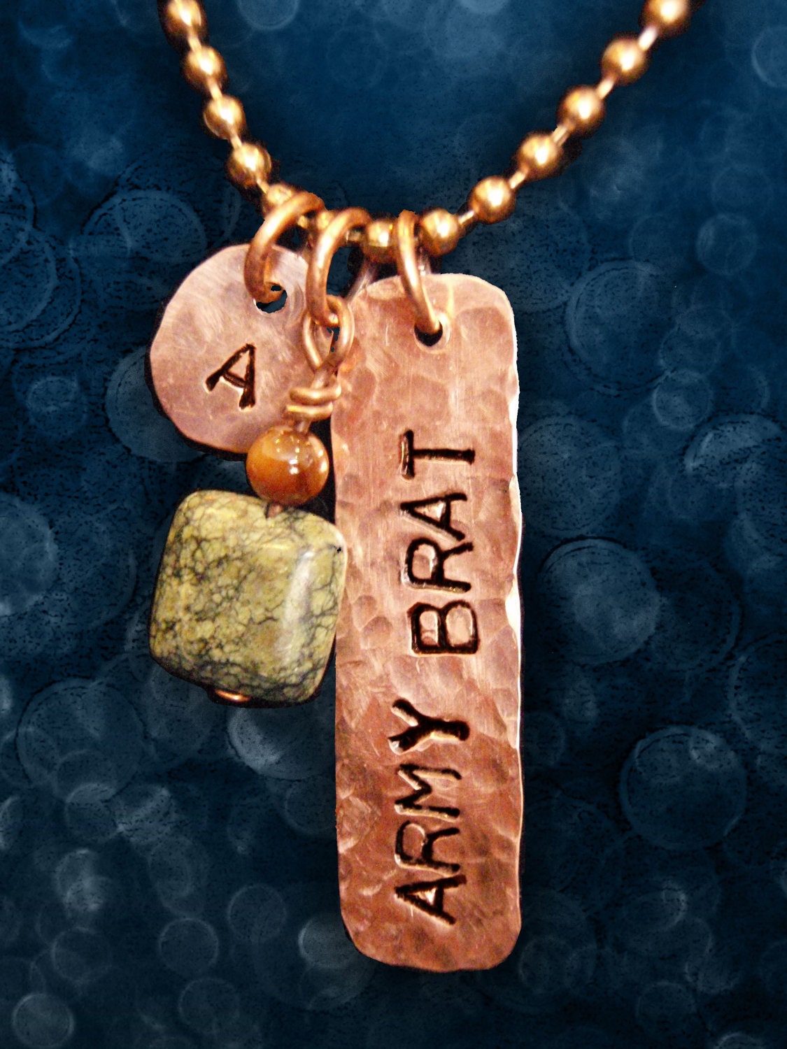 Army Brat Stamped Copper Tag Necklace with Green/Amber Stone & Custom Initial Charms