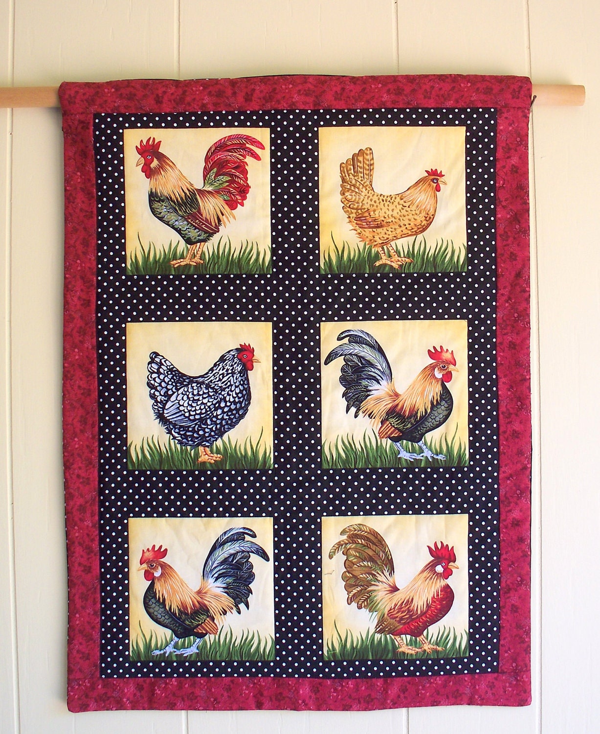 Quilted Wall Hanging - Endless Summer farm roosters and hens - home decor
