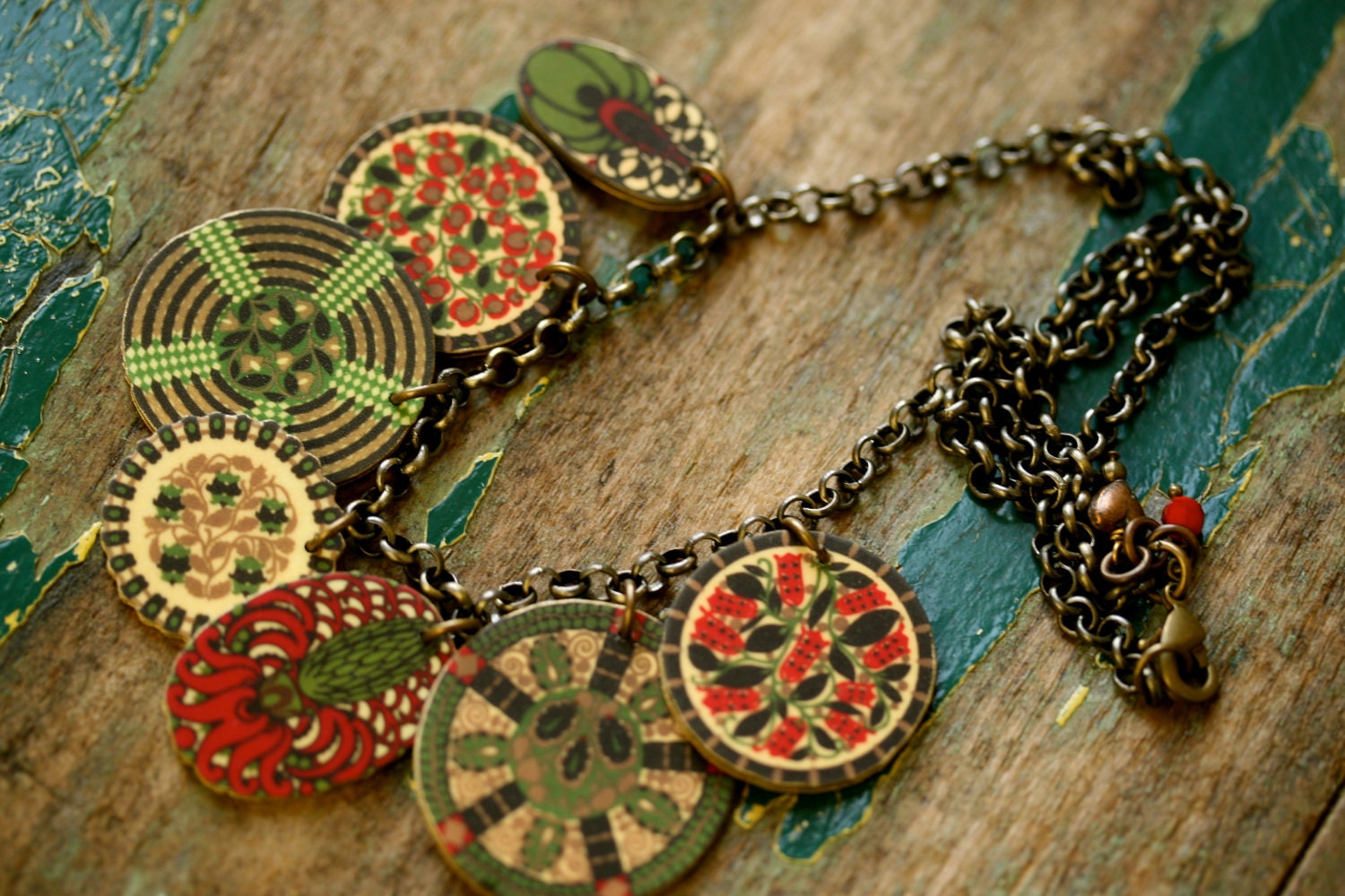 Cranberry Red and Olive Green Shrink Plastic Medallion Charm Necklace