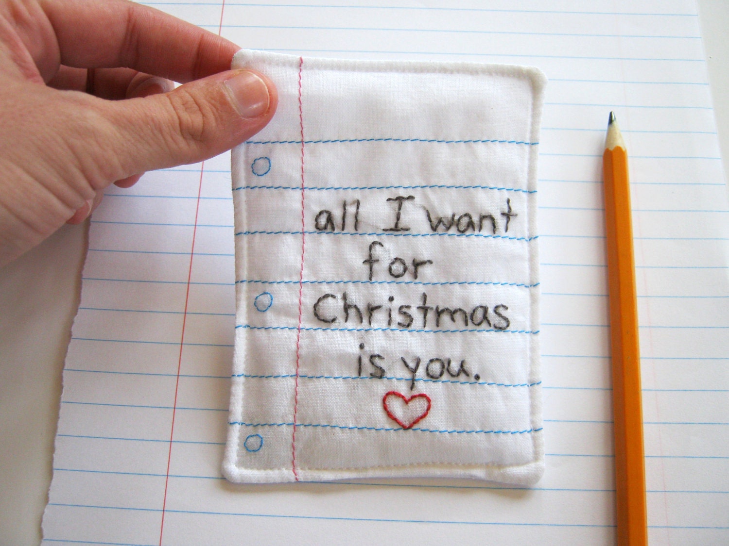 Christmas Love Note Hand Embroidered with a Notebook Paper Design, Eco Friendly Materials