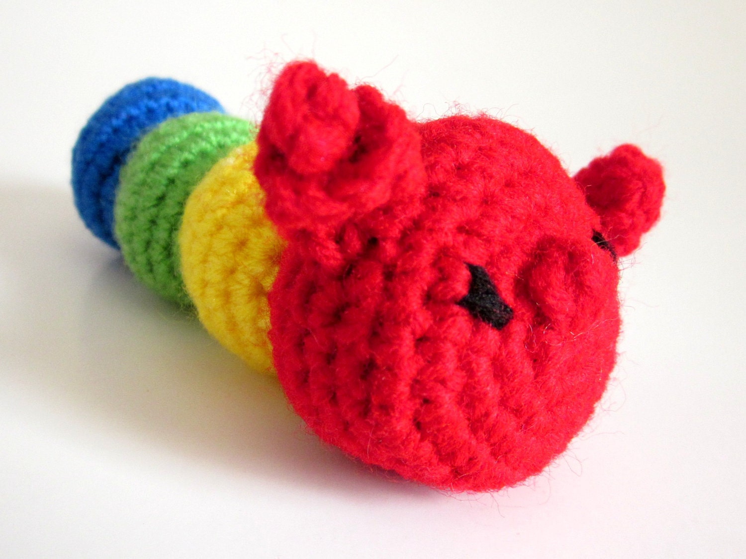 Amigurumi RATTLE: Bright Rainbow Caterpillar Toy in Bright Red, Yellow, Green, Blue Washable Yarn  - Crocheted, Designed by The Silver Hook