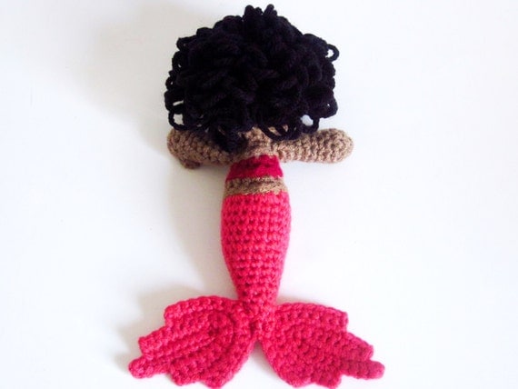 Waldorf Doll: Brown Skin Mermaid Amigurumi RATTLE with Short Black Hair, Red Top, Pink Fins - Handmade and Crocheted by The Silver Hook