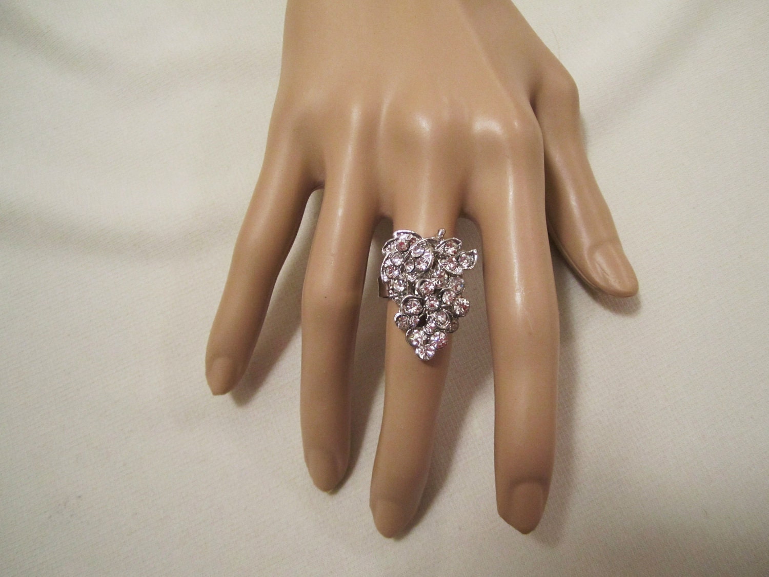 Ring  - Adjustable Size 8 - Silver Tone with Clear Crystals in Shape of Grape Cluster -  Item V316240EB