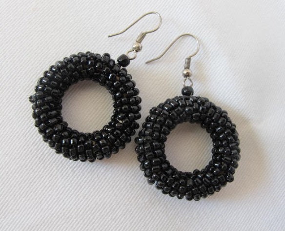 Beaded hoops GYPSY rustic earrings. Black. 2 inches long