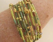 JUSTINE  Gypsy wrap around bangle bracelet. Chartreuse, lime, yellow, gold with agate and aventurine ends.